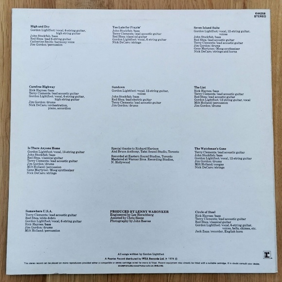 Gordon Lightfoot - Sundown. Vinyl LP A1/B1 press, 1974. Near Mint - Picture 6 of 6